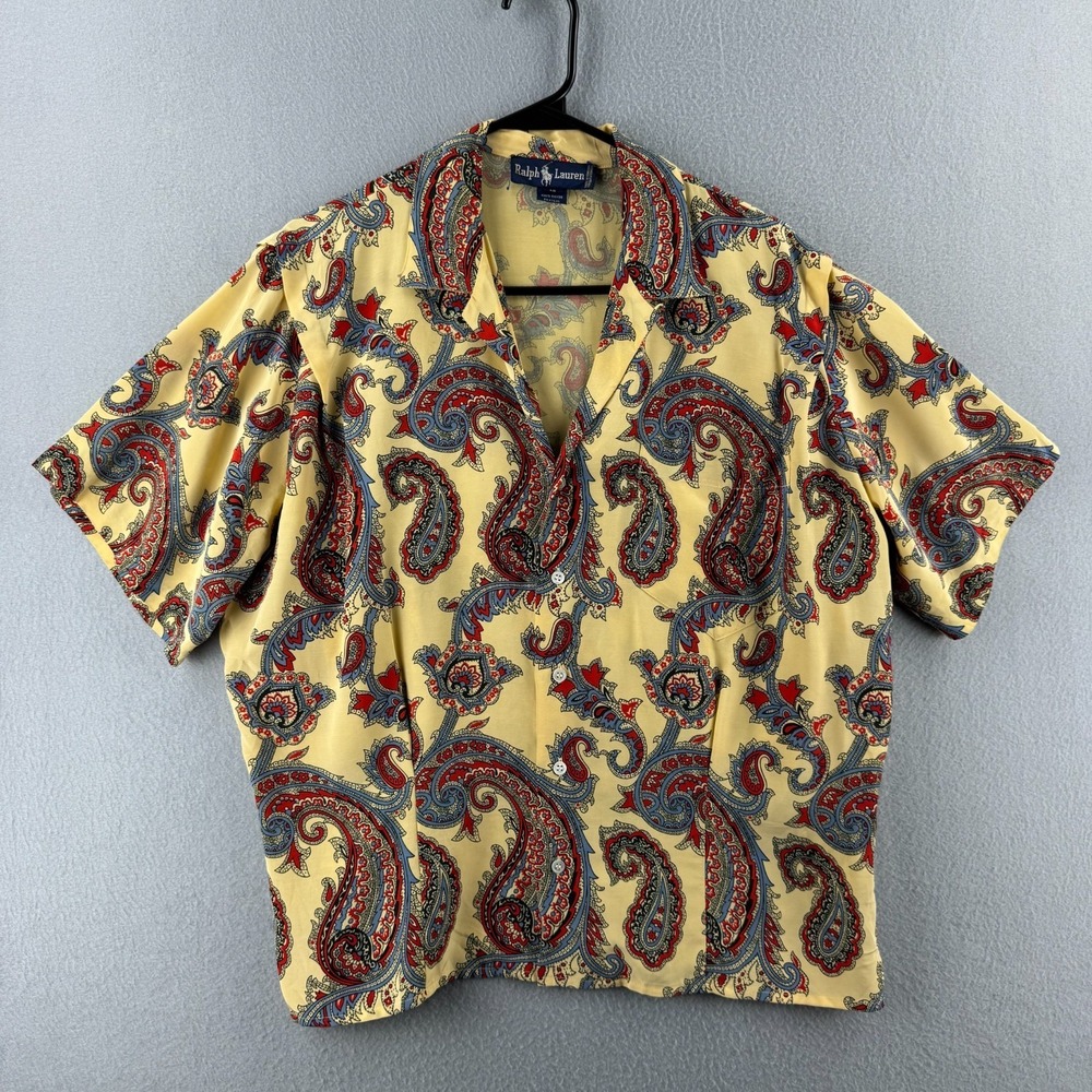 Vintage Ralph Lauren Shirt Womens 12 Paisley 100% Rayon Loop Collar Camp 80s